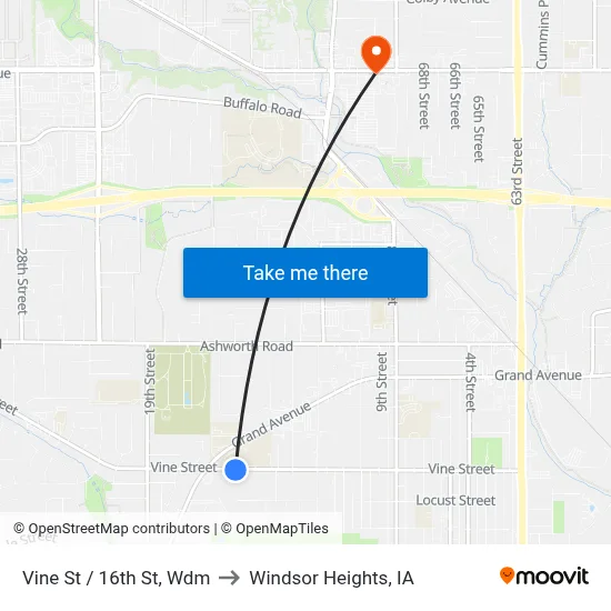 Vine St / 16th St, Wdm to Windsor Heights, IA map