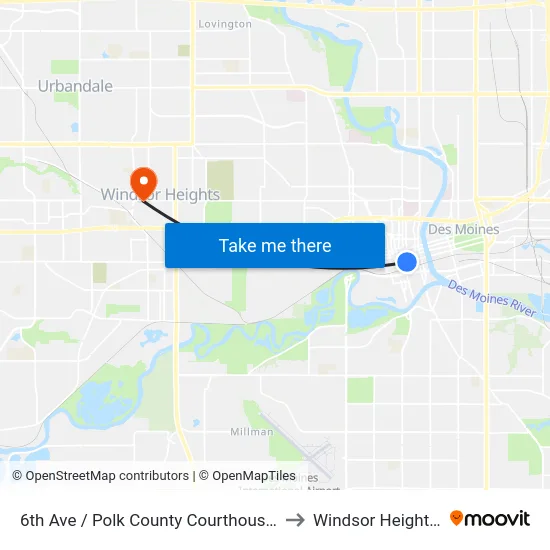 6th Ave / Polk County Courthouse, Dsm to Windsor Heights, IA map