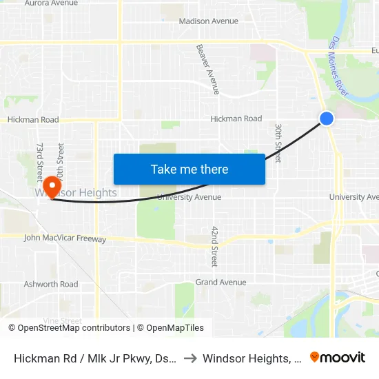 Hickman Rd / Mlk Jr Pkwy, Dsm to Windsor Heights, IA map