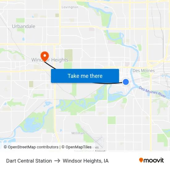 Dart Central Station to Windsor Heights, IA map