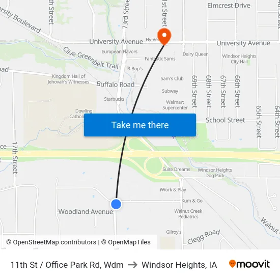 11th St / Office Park Rd, Wdm to Windsor Heights, IA map