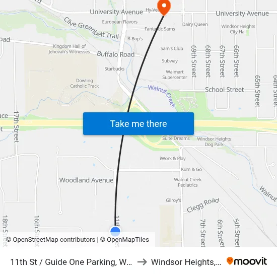 11th St / Guide One Parking, Wdm to Windsor Heights, IA map