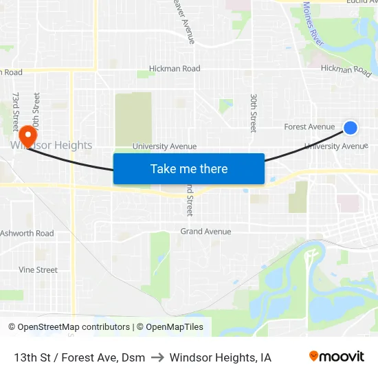 13th St / Forest Ave, Dsm to Windsor Heights, IA map