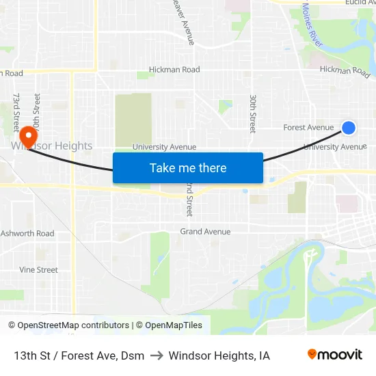 13th St / Forest Ave, Dsm to Windsor Heights, IA map
