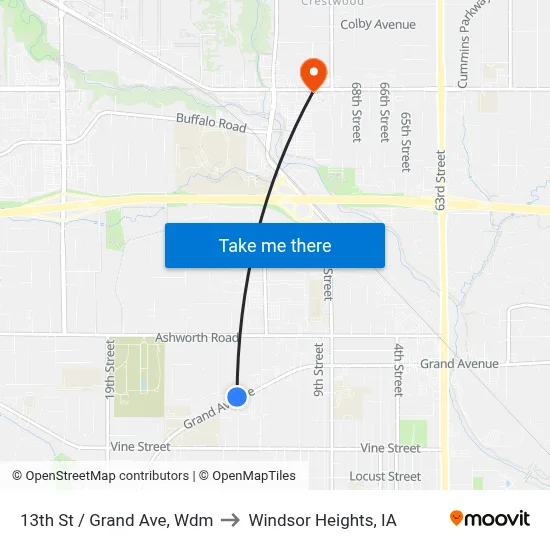 13th St / Grand Ave, Wdm to Windsor Heights, IA map
