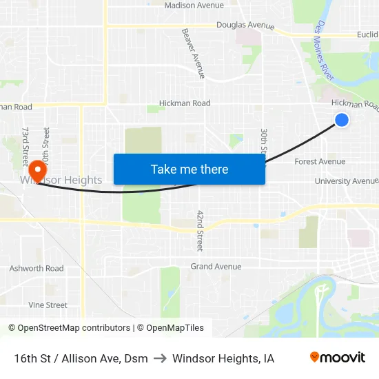 16th St / Allison Ave, Dsm to Windsor Heights, IA map
