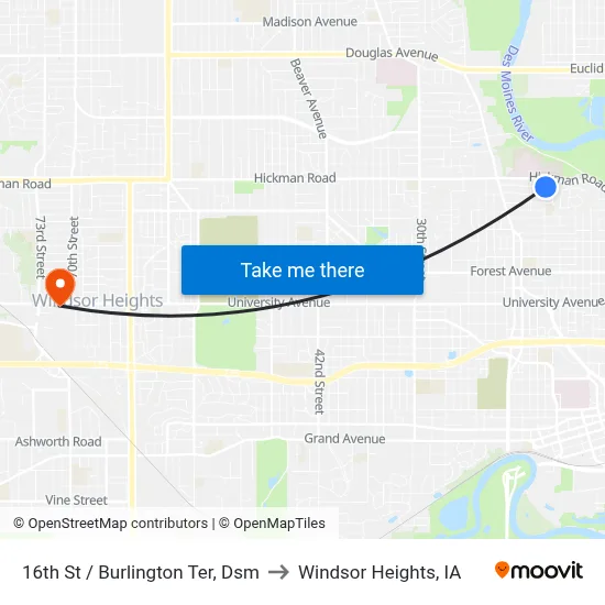 16th St / Burlington Ter, Dsm to Windsor Heights, IA map