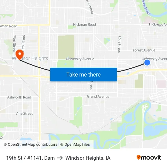 19th St / #1141, Dsm to Windsor Heights, IA map