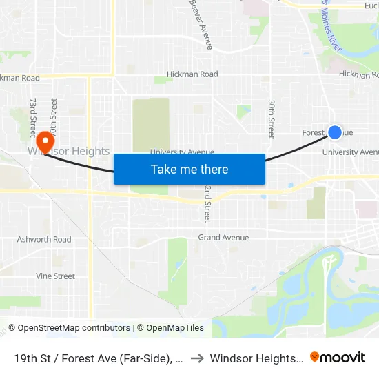 19th St / Forest Ave (Far-Side), Dsm to Windsor Heights, IA map