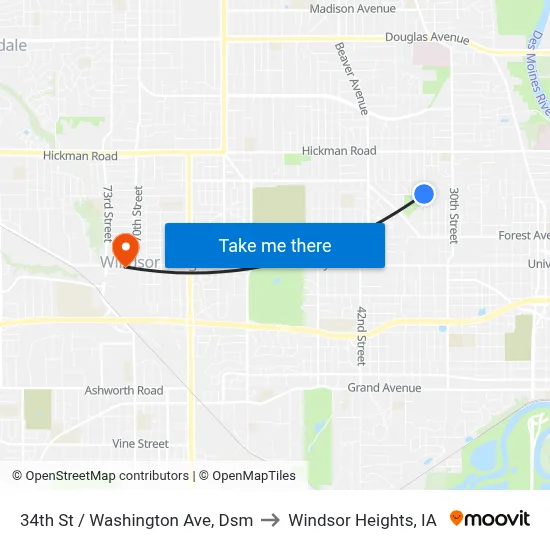 34th St / Washington Ave, Dsm to Windsor Heights, IA map