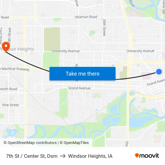 7th St / Center St, Dsm to Windsor Heights, IA map