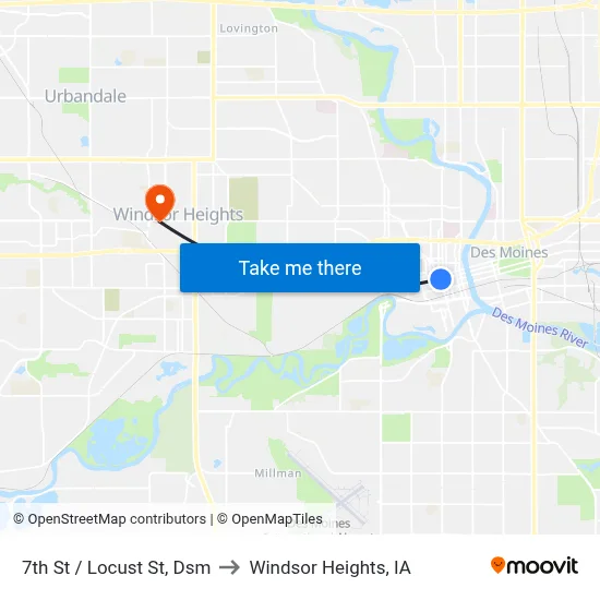 7th St / Locust St, Dsm to Windsor Heights, IA map