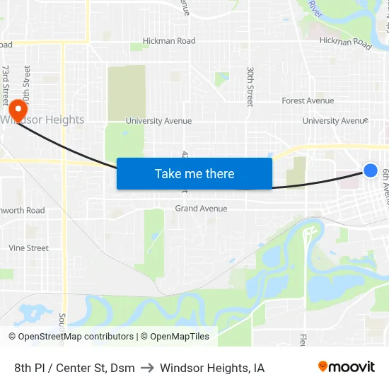 8th Pl / Center St, Dsm to Windsor Heights, IA map