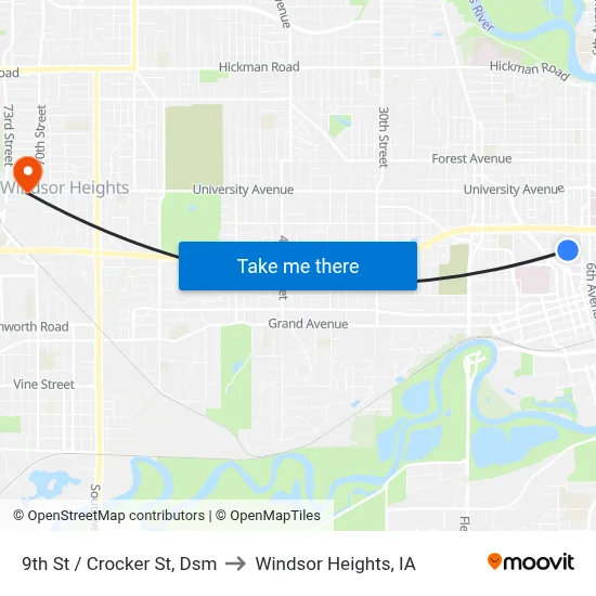 9th St / Crocker St, Dsm to Windsor Heights, IA map