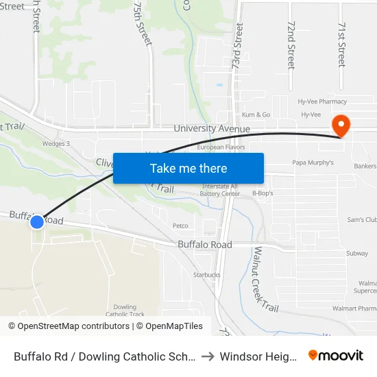 Buffalo Rd / Dowling Catholic School, Wdm to Windsor Heights, IA map