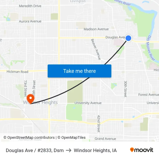 Douglas Ave / #2833, Dsm to Windsor Heights, IA map