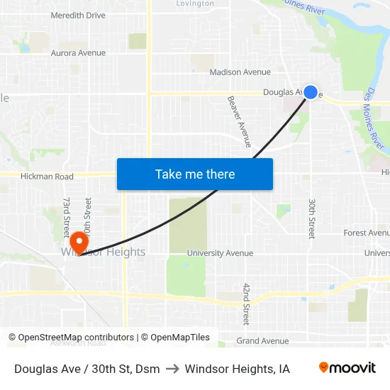 Douglas Ave / 30th St, Dsm to Windsor Heights, IA map