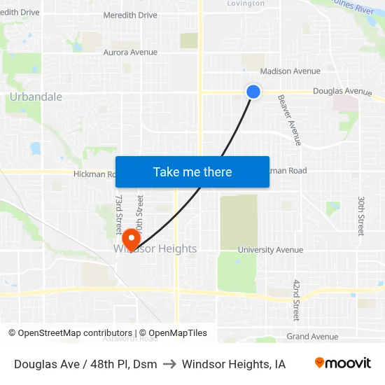 Douglas Ave / 48th Pl, Dsm to Windsor Heights, IA map