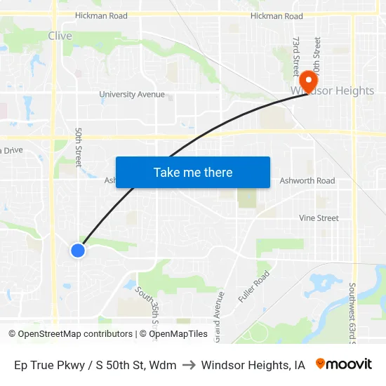 Ep True Pkwy / S 50th St, Wdm to Windsor Heights, IA map