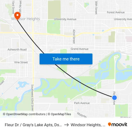 Fleur Dr / Gray's Lake Apts, Dsm to Windsor Heights, IA map