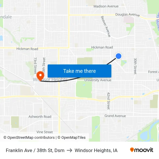 Franklin Ave / 38th St, Dsm to Windsor Heights, IA map