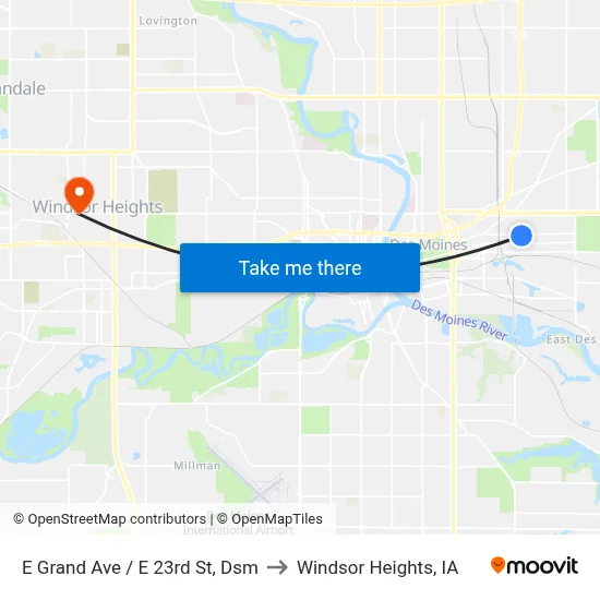 E Grand Ave / E 23rd St, Dsm to Windsor Heights, IA map