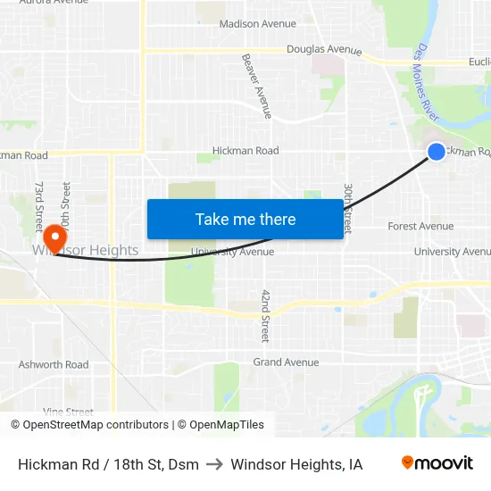 Hickman Rd / 18th St, Dsm to Windsor Heights, IA map