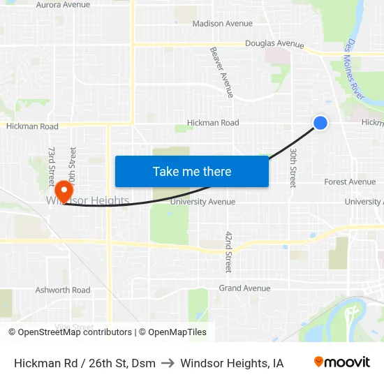 Hickman Rd / 26th St, Dsm to Windsor Heights, IA map