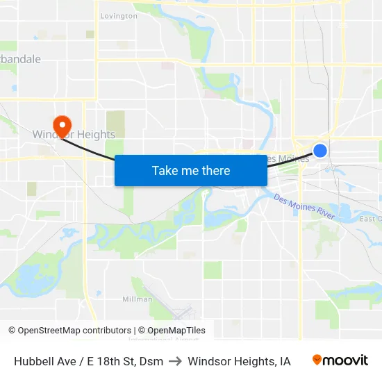Hubbell Ave / E 18th St, Dsm to Windsor Heights, IA map