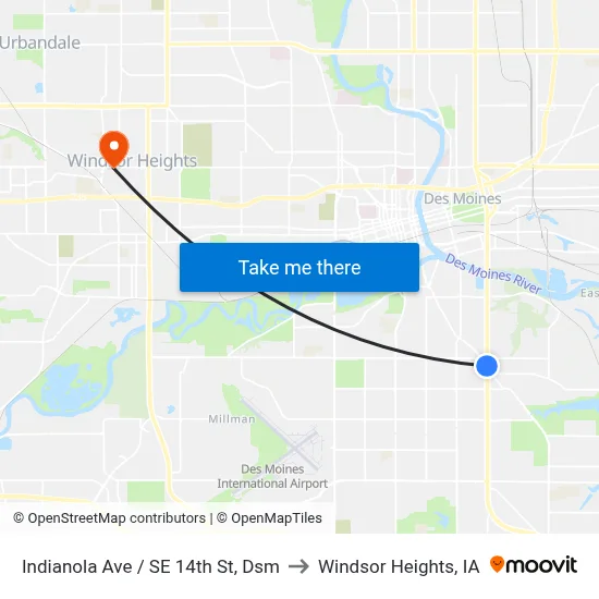 Indianola Ave / SE 14th St, Dsm to Windsor Heights, IA map