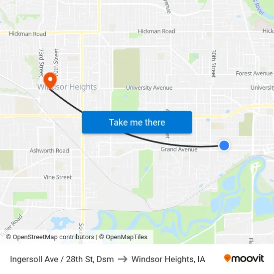 Ingersoll Ave / 28th St, Dsm to Windsor Heights, IA map