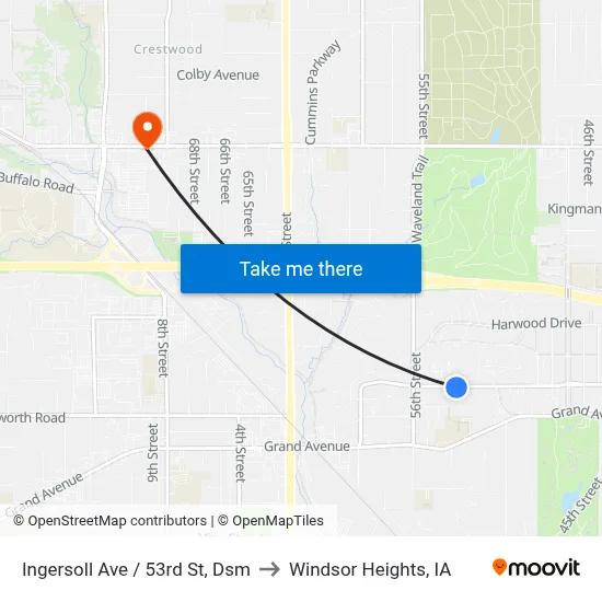 Ingersoll Ave / 53rd St, Dsm to Windsor Heights, IA map