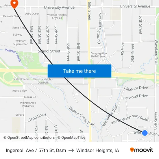 Ingersoll Ave / 57th St, Dsm to Windsor Heights, IA map