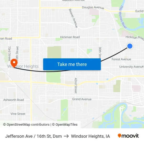 Jefferson Ave / 16th St, Dsm to Windsor Heights, IA map