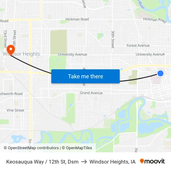 Keosauqua Way / 12th St, Dsm to Windsor Heights, IA map