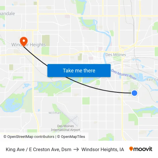 King Ave / E Creston Ave, Dsm to Windsor Heights, IA map