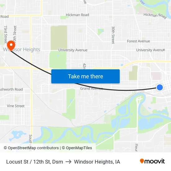 Locust St / 12th St, Dsm to Windsor Heights, IA map
