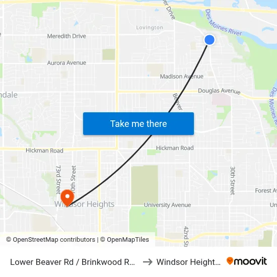Lower Beaver Rd / Brinkwood Rd, Dsm to Windsor Heights, IA map