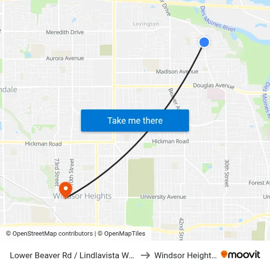 Lower Beaver Rd / Lindlavista Way, Dsm to Windsor Heights, IA map