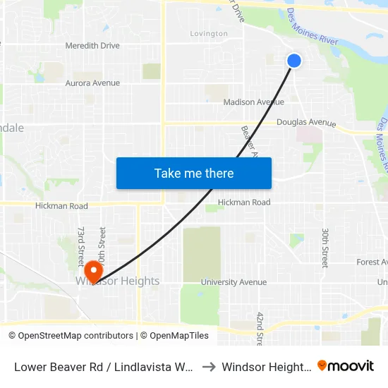 Lower Beaver Rd / Lindlavista Way, Dsm to Windsor Heights, IA map