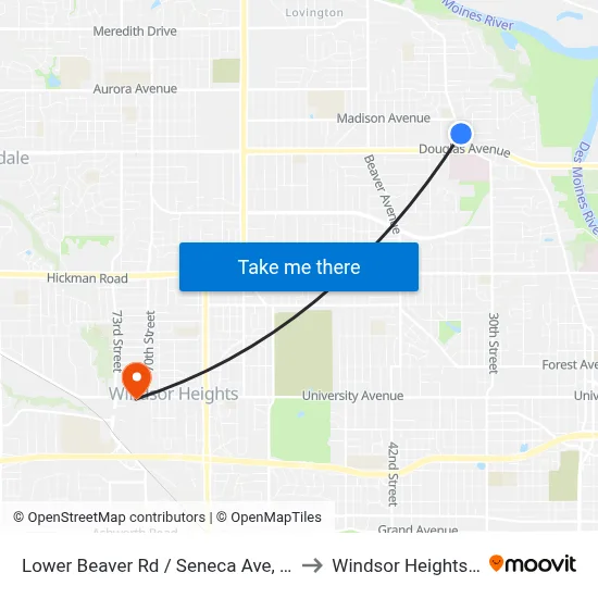 Lower Beaver Rd / Seneca Ave, Dsm to Windsor Heights, IA map