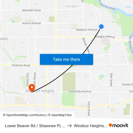Lower Beaver Rd / Shawnee Pl, Dsm to Windsor Heights, IA map