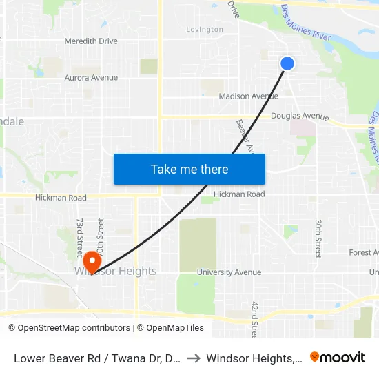 Lower Beaver Rd / Twana Dr, Dsm to Windsor Heights, IA map
