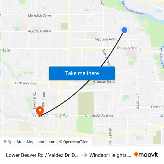 Lower Beaver Rd / Valdez Dr, Dsm to Windsor Heights, IA map