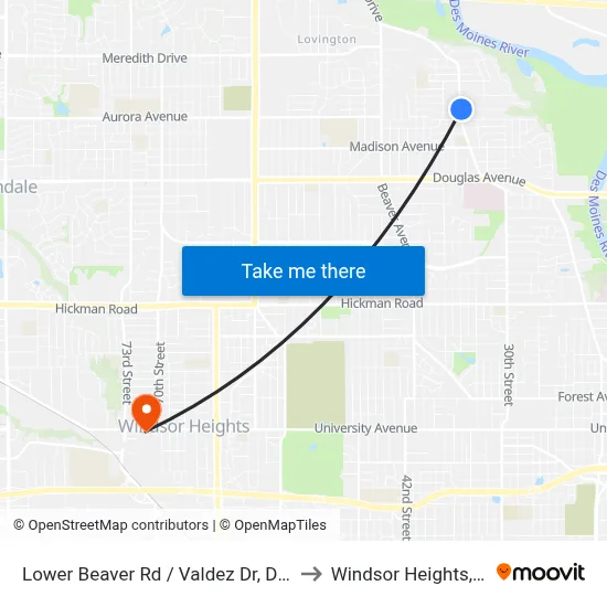 Lower Beaver Rd / Valdez Dr, Dsm to Windsor Heights, IA map