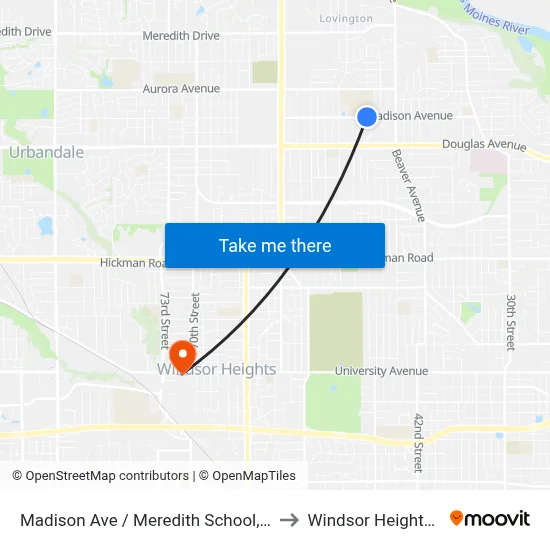 Madison Ave / Meredith School, Dsm to Windsor Heights, IA map