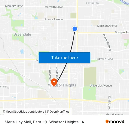 Merle Hay Mall, Dsm to Windsor Heights, IA map