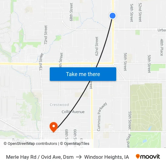 Merle Hay Rd / Ovid Ave, Dsm to Windsor Heights, IA map