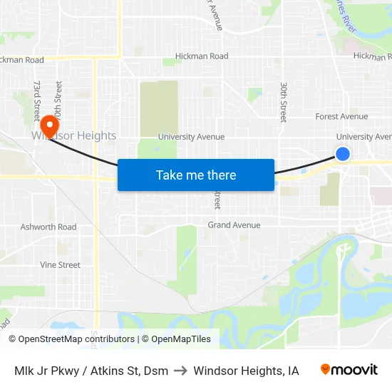 Mlk Jr Pkwy / Atkins St, Dsm to Windsor Heights, IA map