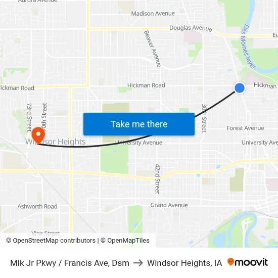 Mlk Jr Pkwy / Francis Ave, Dsm to Windsor Heights, IA map